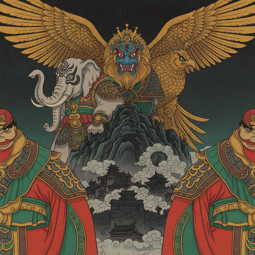 The three kings of Lion-Camel Ridge, over a city of the dead: lion, elephant, roc.